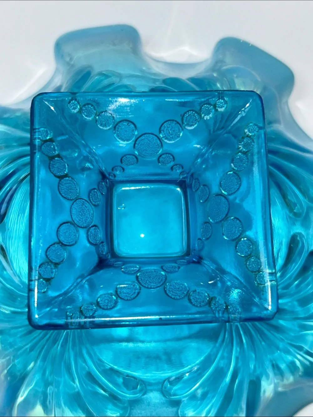 Jefferson Glass opalescent blue glass bowl ruffled edge intricate floral pattern